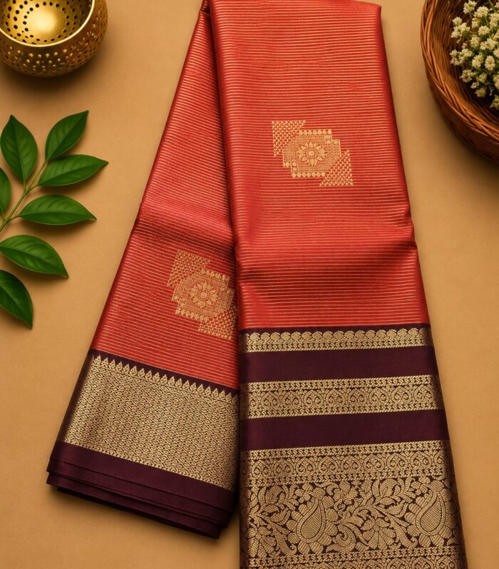 Rust Orange Silk Saree with Maroon Border