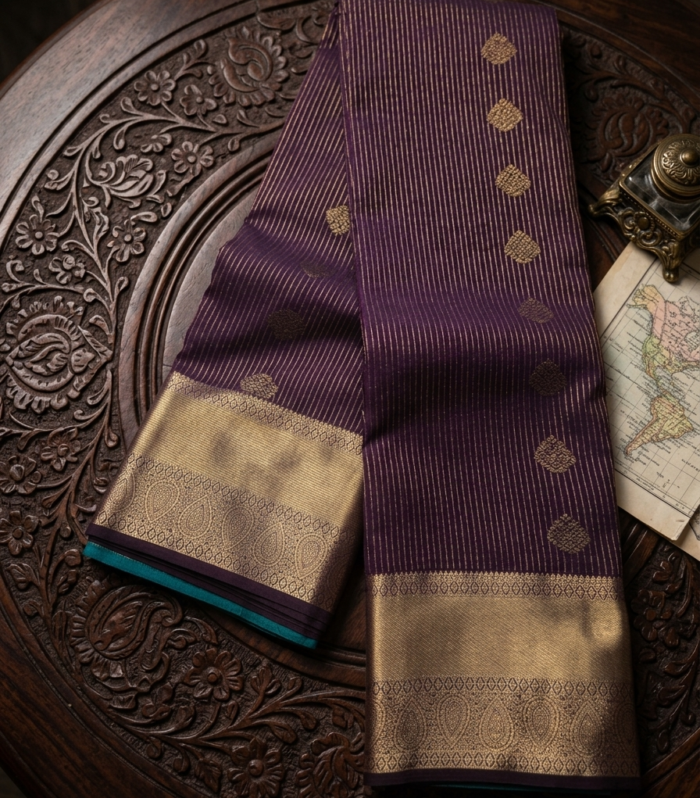 Deep Plum Soft Silk Saree with Antique Gold Zari Border