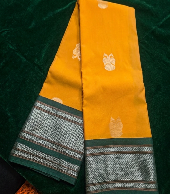 Mustard Yellow Silk Saree with Grey Zari Border