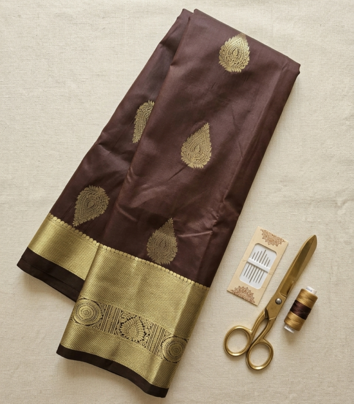 Chocolate Brown Soft Silk Saree with Gold Zari Border