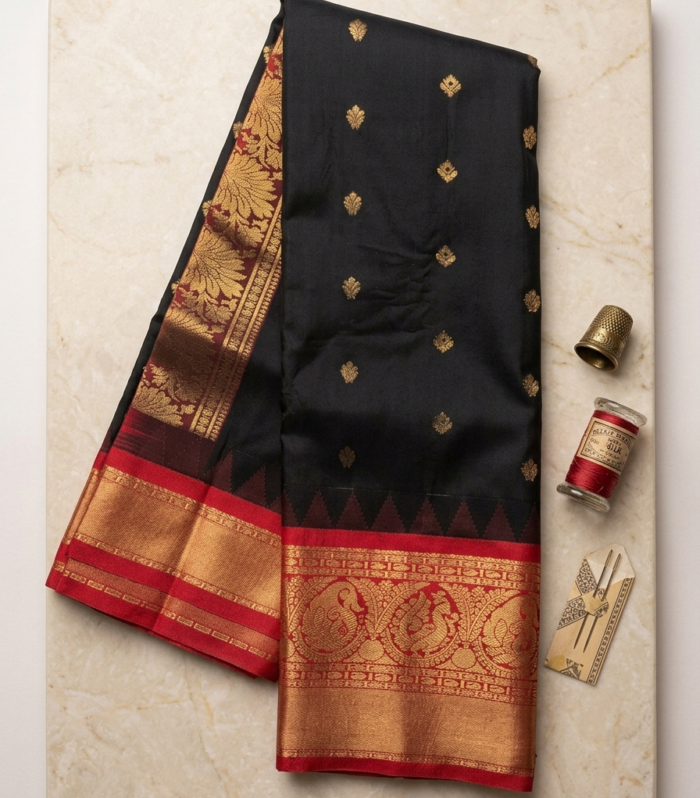 Classic Black Kanchi Soft Silk Saree with Red Zari Border