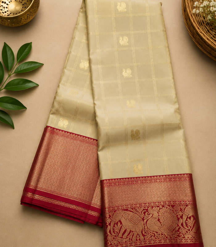 Cream Gold Kanchi Soft Silk Saree with Maroon Zari Border