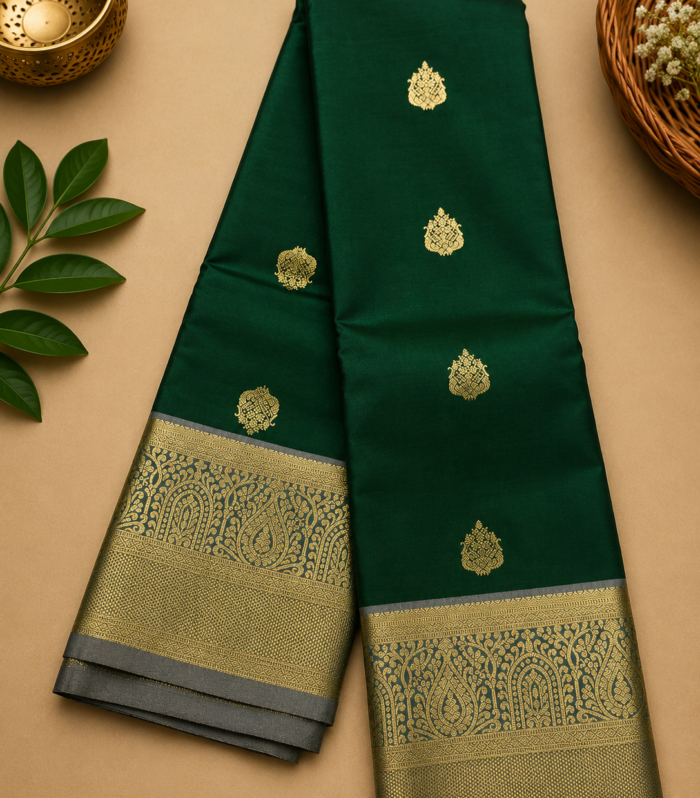 Emerald Green Silk Saree with Gold Zari Border