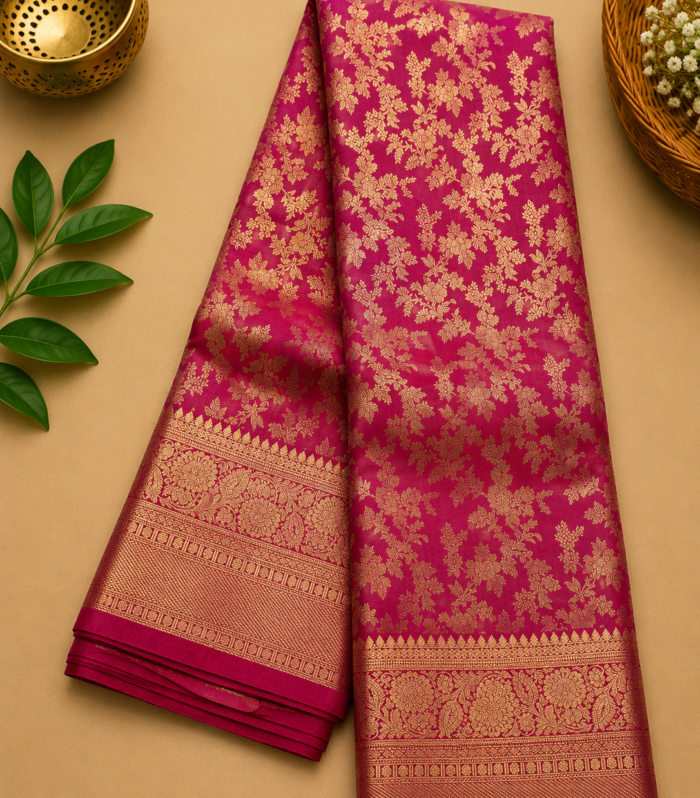 Rani Pink Bridal Soft Silk Saree with Rich Gold Zari Work