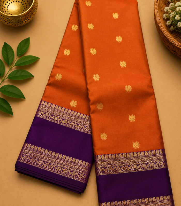 Rust Orange Soft Silk Saree with Royal Purple Zari Border
