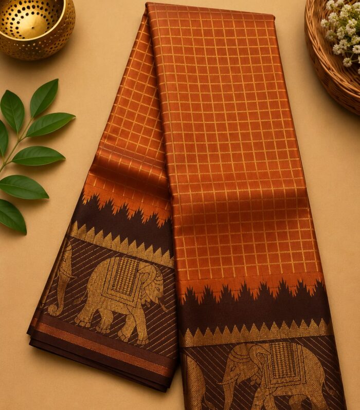 Rust Checked Silk Saree with Elephant Border